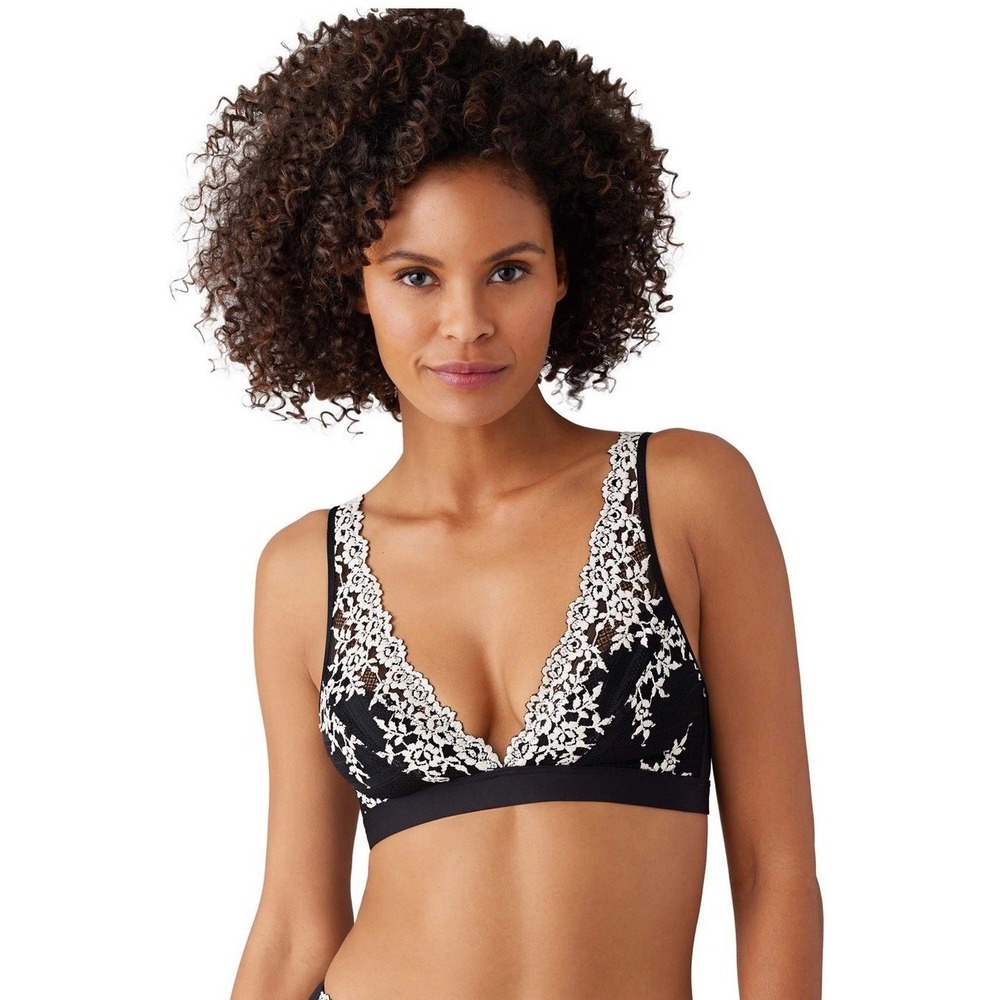 Wacoal 85219 Bralette Women 38 Black Lace Floral Embroidered V-Neck